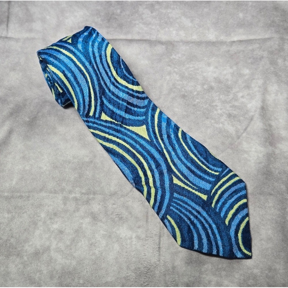 Men's Skinny Necktie Blue Yellow Geometric 100% Cotton 38"